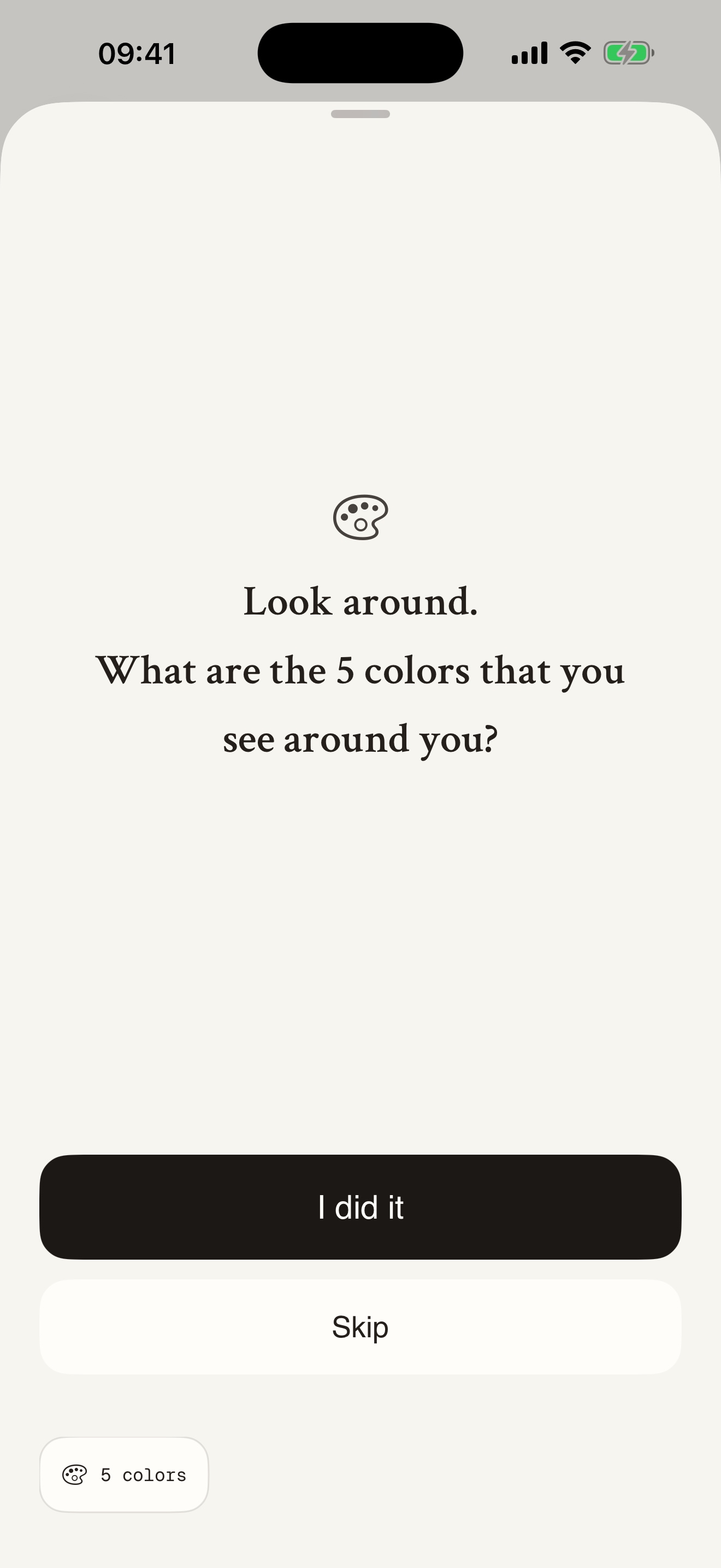 Porchlight’s grounding prompt: look around and notice five colors, with an I did it button and an option to skip.