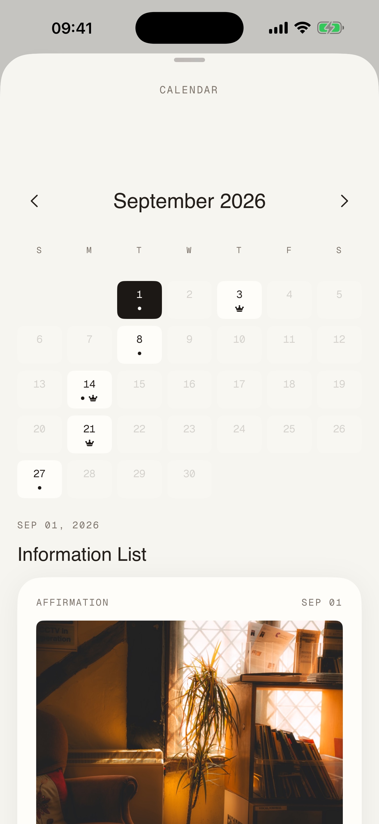 Porchlight’s calendar, with dots for saved affirmations and small crowns marking completed Returns.