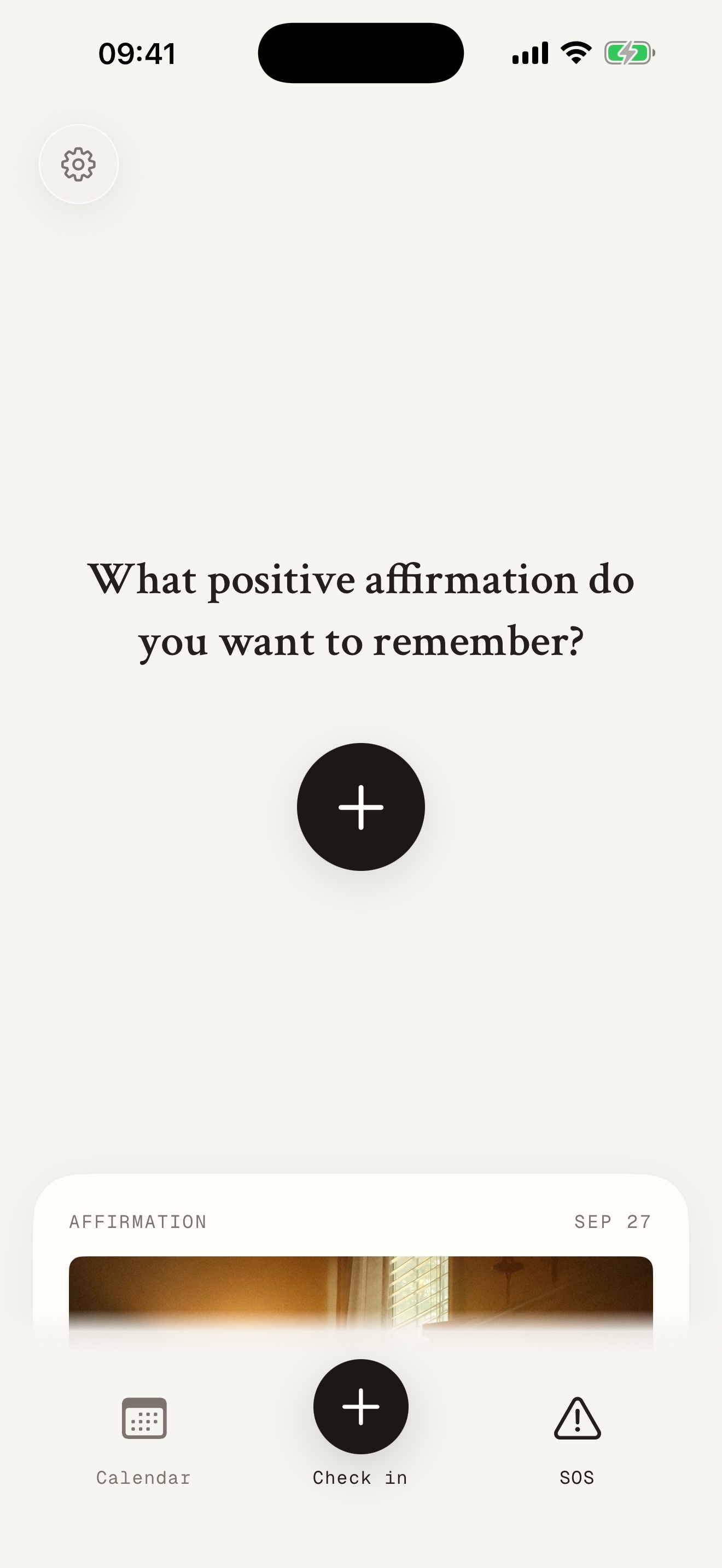 Porchlight on iPhone, with a prompt to save a positive affirmation and gentle access to Calendar, Check in, and SOS.