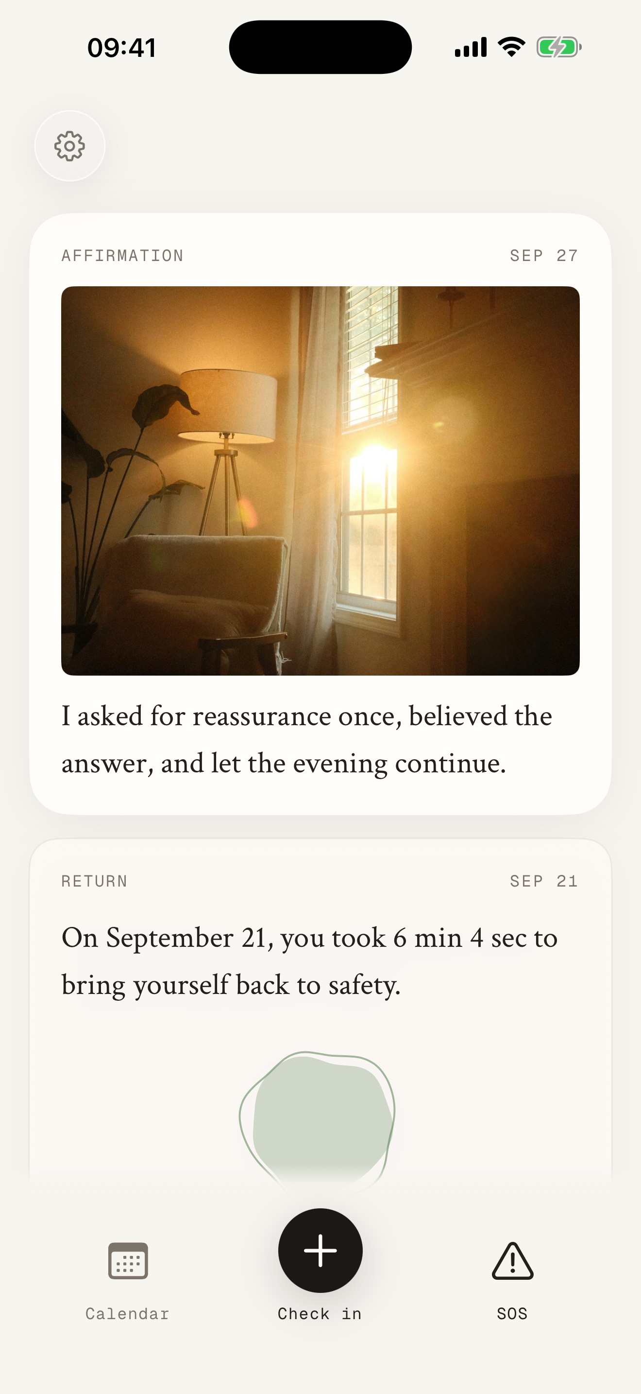 Saved affirmations and a completed Return in Porchlight, including a photograph of a room filled with warm afternoon light.